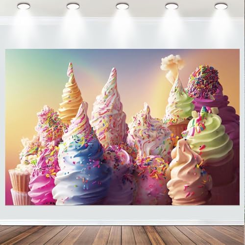 Fabric 10x7ft Summer Ice Cream Backdrop Colorful Ice Cream Dessert Photography Background Sweet One Birthday Decorations Here's The Scoop Baby Shower Cake Table Banner Photo Studio Props by NECSOLE