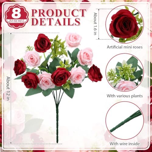 Zeyune 8 Pack 12 Inch Artificial Rose Bouquet, Wine Red and Light Pink - Image 2