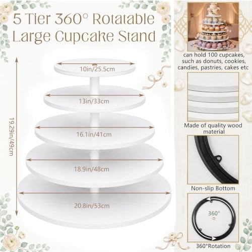 Funnymoom 5 Tier Large Round Cupcake Stand for 100 Cupcake Rustic Cupcakes Tower 360° Rotatable White Cupcakes Holder Table Display Dessert Stand for Birthday Graduation Baby Shower Wedding 20.9'' - Image 3