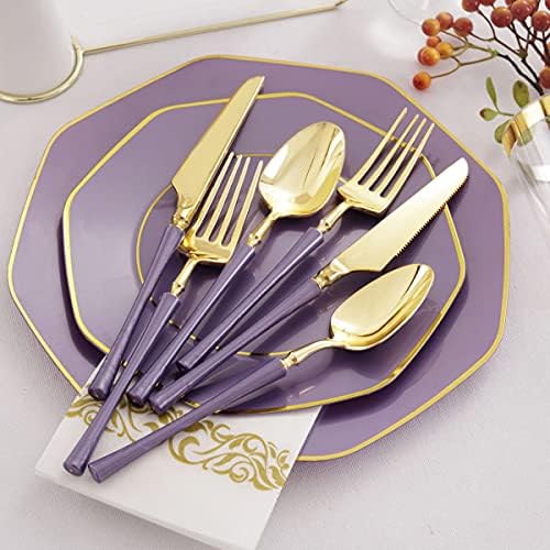 KIRE 140Pcs Purple Plates with Gold Rim - Plastic Plates for Party - Image 3