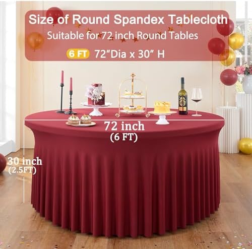 6 Pack Burgundy Spandex Round Tablecloths for 72in Table, Stretchy 132inch Fitted 6FT Round Table Cloths, Wrinkle Free Maroon Table Cover with Skirt for Wedding Party Dining Banquet - Image 4