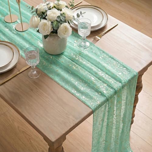 Artoid Mode 10Pcs Turquoise Gauze Gold Table Runner 10FT, Glitter Metallic Foil Sheer Dining Wedding Anniversary Holiday Table Decor for Home Party - Image 4