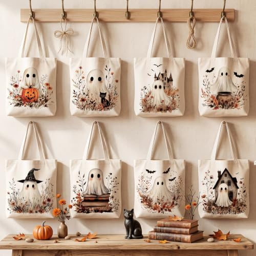 Shinylin 8 Pcs Halloween Boho Wildflower Ghost Tote Bags Trick or Treat - Image 3