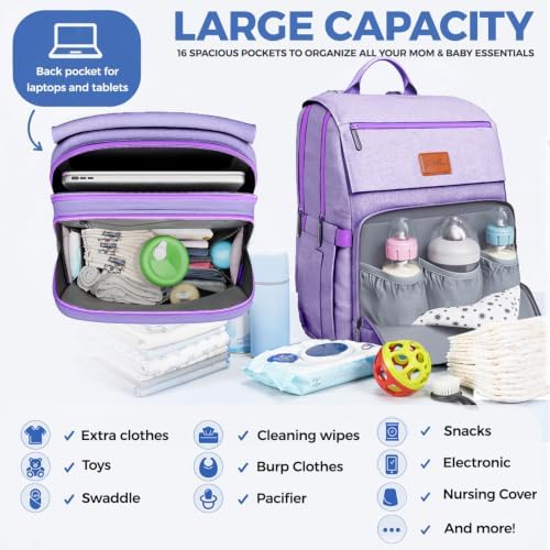 Baby Shower Gifts for Mom - Diaper Bag Backpack - 16 Organizer Pockets Baby Diaper Bag w/ Insulated Bottle Holders & Wipes Pocket, Large Capacity Baby Bag Backpack - Waterproof & Easy to Clean, Purple - Image 2