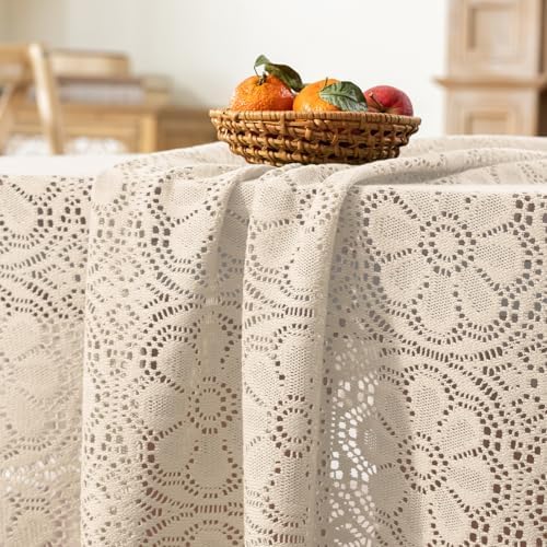 Boho Crochet Cotton Lace Tablecloth Rectangle 52 x 102 Inch Beige - Image 6