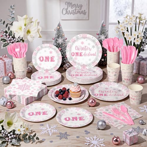 Pickmesh 400 Pcs Pink Winter Onederland Birthday Plates Cups and Napkins - Image 6