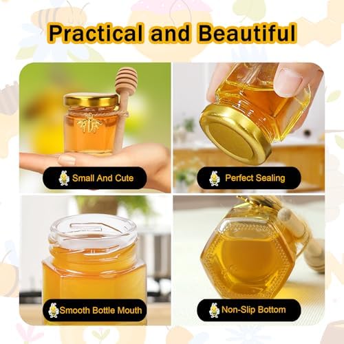 Aliggbent 48 Pack Mini Honey Jars, 1.5oz Hexagon Glass with Dippers - Image 4