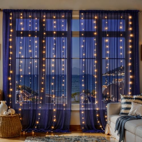 20x10ft Navy Blue Tulle Backdrop Curtains with Lights String for Parties,Wrinkle Free Sheer Curtain with Lights Wedding Photo Backdop Drapes for Baby Shower Birthday Party Photography Home Decorations - Image 6