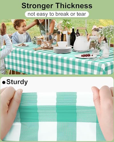 Smiry 12 Packs Gingham Disposable Table Cloth, 54 x 108 Inch Waterproof Plastic Tablecloth, Rectangle Teal and White Checkered Table Covers for Picnic, Birthday, Party - Image 3