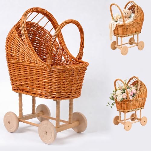 Wicker Baby Carriage Basket, Vintage Rattan Stroller Flower Basket for Baby Shower Centerpiece, Woven Carriage Decor for Wedding, Nursery Display and Photography Prop (Extra Large) by Unknown