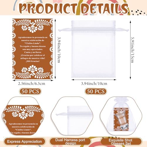 SiliFine 50 Sets Cielito Lindo Baby Shower Favors Shot Glasses for Guests Bulk 1.5oz Recuerdos Para Boda Wedding Shot Glass Thank You Card Bag for Guest Talavera Bridal Baby Shower(Terracotta) - Image 6