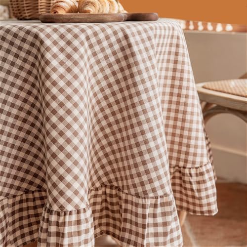 Khaki Plaid Ruffled Tablecloth 70" Round Farmhouse Checkered Gingham Table Cloth for Seat 4-6 Vintage Buffalo Plaid Decorative Table Cover for Picnic Dining Outdoor Kitchen - Image 2