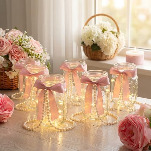 6 Sets Mason Jars Centerpieces with Light for Table, Pink Bow by Gandeer