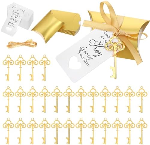 100 Sets Vintage Key Bottle Opener Wedding Favors, Wedding Party Souvenir Gift for Guests with Thank You Tag Card Pillow Candy Box and Satin Ribbon (Gold) by Unknown