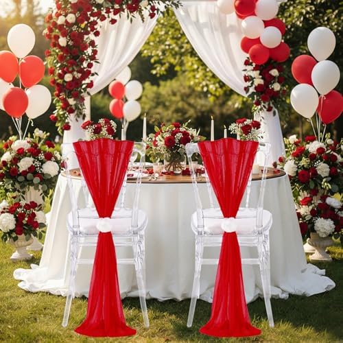 Red Chair Sashes for Wedding: 32 Pieces 8ft Long Sheer Draping Fabric – Reception Party Hotel Event Chair Decorations - Image 2
