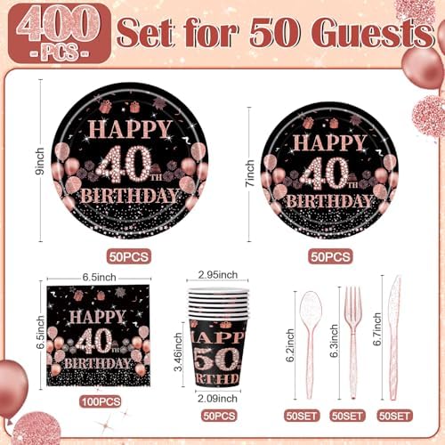 Pickmesh 400 Pcs 40th Birthday Party Supplies, Black Pink Tableware Set - Image 3