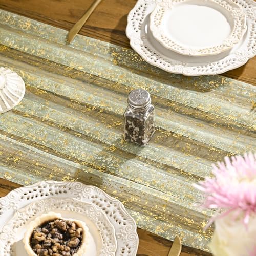 Artoid Mode 10PCS Sage Green Gold Gauze Table Runner 120 Inch 10FT, Glitter Metallic Foil Sheer Dining Wedding Anniversary Holiday Birthday Table Decor for Home Party - Image 2