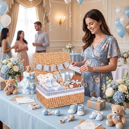 Gerrii Wedding Party Decoration 12 x 9.4 x 5.3 in Large Wicker Storage Basket with Lid Wedding Card Box and Card Banner Set Money Envelope Box Gift for Baby Shower Favor Supplies(Blue Plaid) - Image 4
