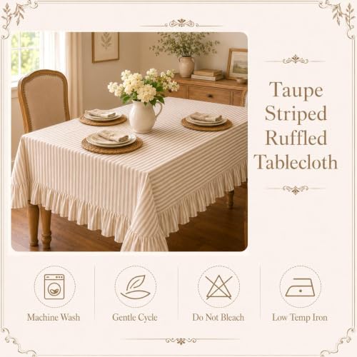 Striped Ruffled Tablecloth 60x120 Inch Cotton Polyester Striped Tablecloth Rectangular Fits 8-10 Seater Table Farmhouse Vintage Table Cover for Home Kitchen Baby Shower Birthday Party Picnic (Taupe) - Image 4