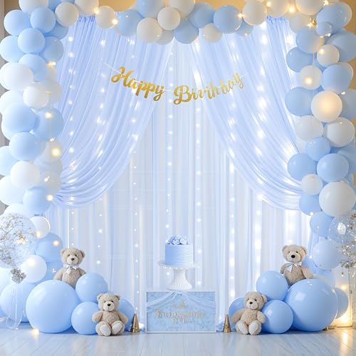 10ft x 10ft Baby Blue Chiffon Backdrop Curtain with Lights String for Parties,2 Panels Sheer Tulle Curtain Wedding Photo Backdrop with Lights for Baby Shower Birthday Party Ceremony Home Decorations - Image 4