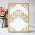 Hosmsua 50PCS Personalized Gold Glitter Quinceanera Invitations Kit, 5.1x7.3 Inch Laser Cut Floral Crown Pocket Quinceanera Invitation Cards with Envelopes for Birthday Quince Anos Invite - Image 2