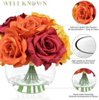 WELL KNOWN Silk Rose Artificial Flowers with Vase, Orange Yellow Red - Image 4
