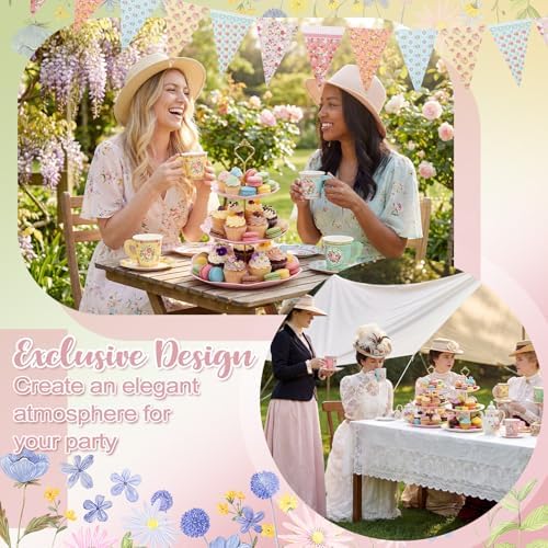 Nuogo 244pcs/40set Disposable Tea Party Supplies Vintage Floral Paper Tea Plates Cups Napkin 3 Tier Cake Stand Bunting Banner and Disposable Tableware for Birthday Baby Shower Bridal Wedding, Serve 40 - Image 5