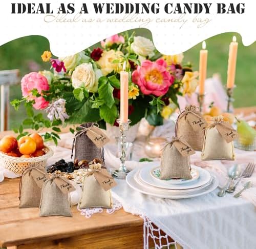 Woanger 100 Pcs Drawstring Burlap Gift Bags 4x6'' with Tags, Hemp Brown Mix - Image 5