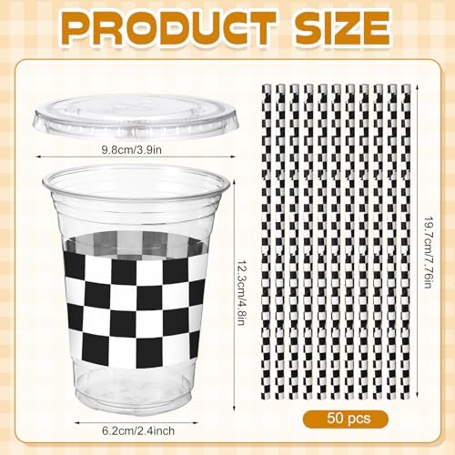 Sliner 50 Sets Checkered Party Cups, 16 Oz Plastic Cups with Lids & Straws - Image 3