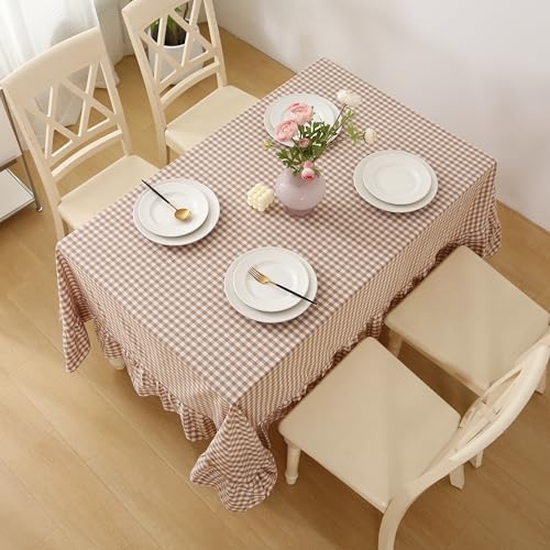 Taupe White Gingham Ruffle Tablecloth Square 60"x60" - Image 3
