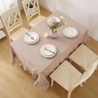 Taupe White Gingham Ruffled Table Cloth Rectangular 102"x60" - Image 3