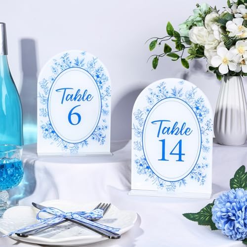 Blue Toile Themed Wedding Acrylic Table Number 1-20 with 20Pcs Stands, 5"x7" Blue Floral Place Card Centerpiece Decor Indoor Outdoor Wedding Bridal Shower Anniversary Party Reception - Image 3