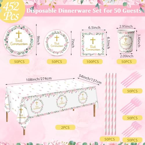 Ceenna 452 Pcs First Communion Party Decoration Girl for 50, Pink Baptism Paper Plate Napkin Cup Tablecloth Cutlery Straw God Bless Disposable Tableware for Christening Religious Baby Shower Supplies - Image 3