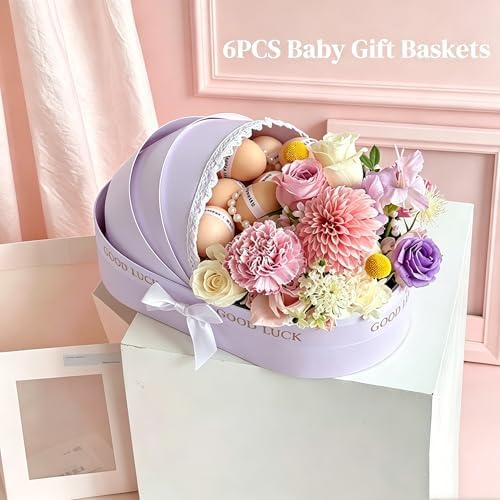 6PCS Baby Shower Box, Crib Basket Cardboard Box, Cradle-shaped Flower Basket Gift Boxs, Baby Carriage Centerpiece Floral Baskets for Celebration Birthday Decor (Purple, 14.17*8.27*3.15 in) - Image 2