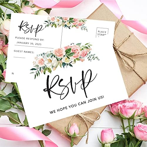 Andaz Press 56-Pack Personalized RSVP Postcards for Wedding Peach Floral Garden Cardstock Response Reply Cards for Bridal Shower Baby Shower Birthday Event Custom Date and Return Address 4 x 6-Inch - Image 3