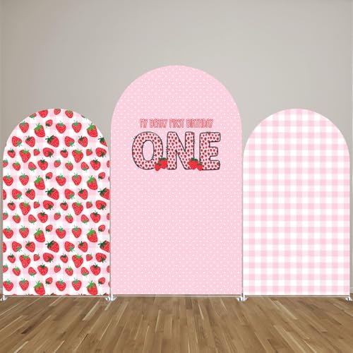 Pink Strawberry Stretchy Arch Cover Backdrop Photo Booth Background Birthday Baby Shower Baptism Party Decoration Curved Top Frame Spandex (GX-2667,7.2x4ft) - Image 5