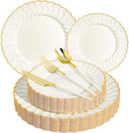 HOMIP 150PCS Ivory Plates with Gold Disposable Silverware - Include 60 Scalloped Plastic Plates, 30 Knives, 30 Forks, 30 Spoons Elegant & Lightweight for Weddings, Birthdays, Parties by HOMIP