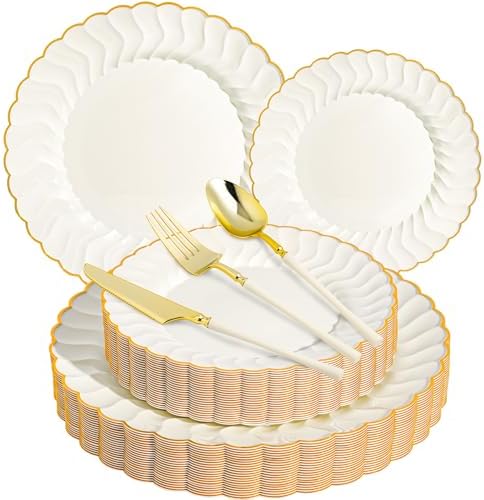 HOMIP 150PCS Ivory Plates with Gold Disposable Silverware - Include 60 Scalloped Plastic Plates, 30 Knives, 30 Forks, 30 Spoons Elegant & Lightweight for Weddings, Birthdays, Parties by HOMIP