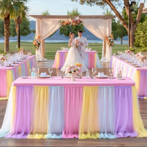 Wish Care 4 Pack Rainbow Tulle Tablecloth for 8 Foot Rectangle Tables Double Layer Tulle Tutu Skirt Unicorn Ruffle Pastel Table Cloth Stretch Fitted Table Covers for Girls Birthday Baby Shower Party - Image 7