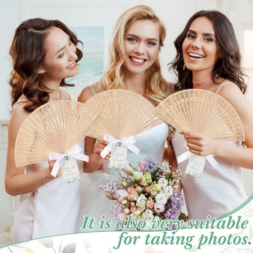 Quzzil 50 Sets Wooden Hand Fan Sandalwood Wood Handheld Folding Fans with Ribbon Thank You Tag for Wedding Guests Baby Shower Birthday Bridal Gifts Party Favors (White,Leaf) - Image 5