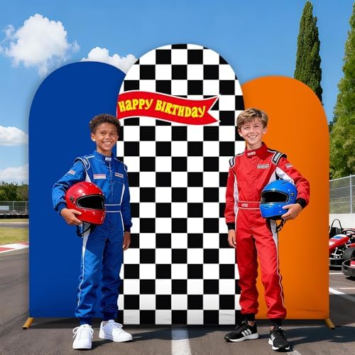 3 Pcs Race Car Arch Backdrop Cover Adaptable for 4ft 5ft 6ft Size Frames Black and White Checkered Chiara Hot Arch Stand Covers for Racing Birthday Baby Shower Party Decorations Supplies - Image 5