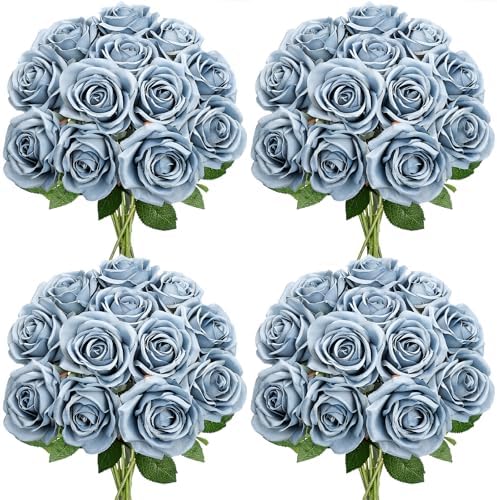 48 PCS Dusty Blue Roses Artificial Flowers, Silk by DIYDOFUN