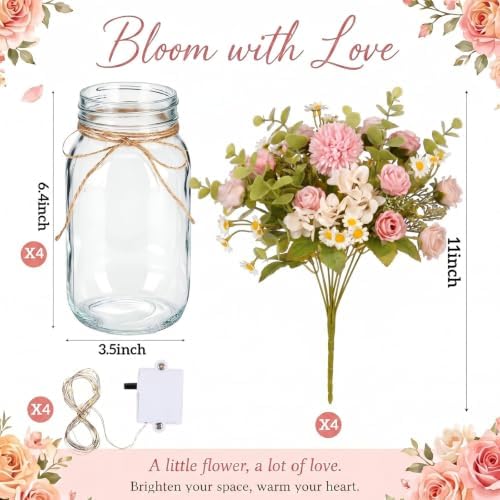 4 Sets Rose Chamomile Mason Jar Centerpiece with LED Lights - Image 2