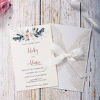 5.12x7.28 Inch 50PCS Blank White Wedding Invitations Kit Laser Cut Hollow Lace Pocket and Bowknot Quinceanera Invitation Cards with Envelopes for Wedding Birthday Invite - Image 4