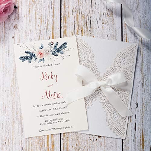 5.12x7.28 Inch 50PCS Blank White Wedding Invitations Kit Laser Cut Hollow Lace Pocket and Bowknot Quinceanera Invitation Cards with Envelopes for Wedding Birthday Invite - Image 4