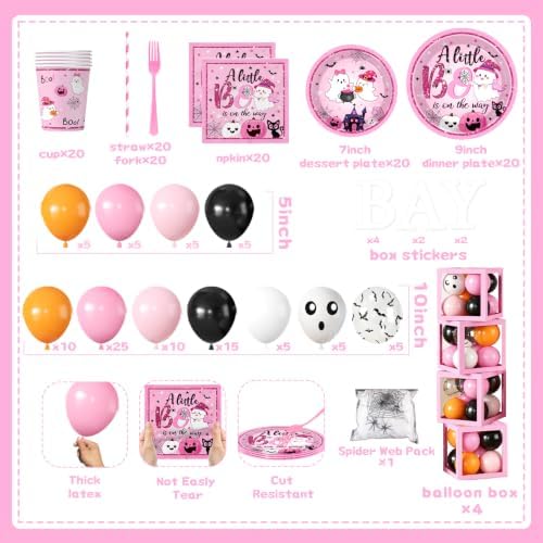 Pink Halloween Baby Shower Decorations Girl, All-in-1 A Little Boo is Almost Due Baby Shower Decorations with Balloon Arch Kit Baby Boxes Plates Napkins Cake Toppers Tablecloth Backdrop Spooky Decor - Image 5