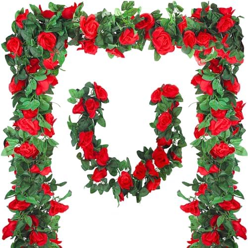 Aneco 8 Pack 64 FT Red Flower Garland Kentucky Artificial Rose Vines Derby Roses Fake Vine Flowers Plants Party Supplies for Kentucky Holiday Wedding Garden Craft Art Decoration by Aneco