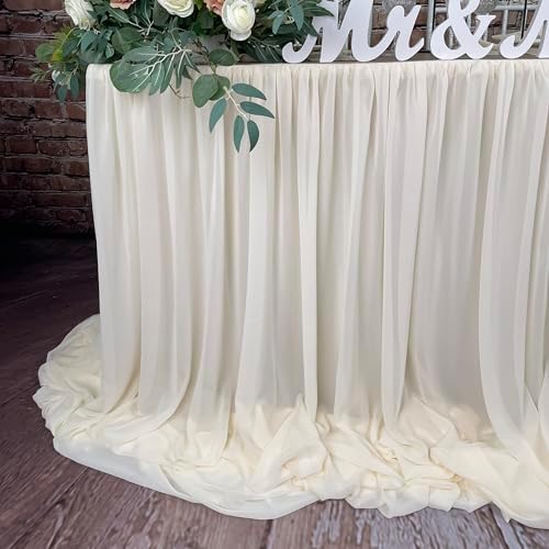Pooling and Floating Chiffon Table Skirt with extra length, 6FT 9FT 14FT Sheer Tablecloth, Baby Shower, Birthdays Party, Main Cake Table Decoration, Wdding Table Skirt (Ivory, 9FT) - Image 3