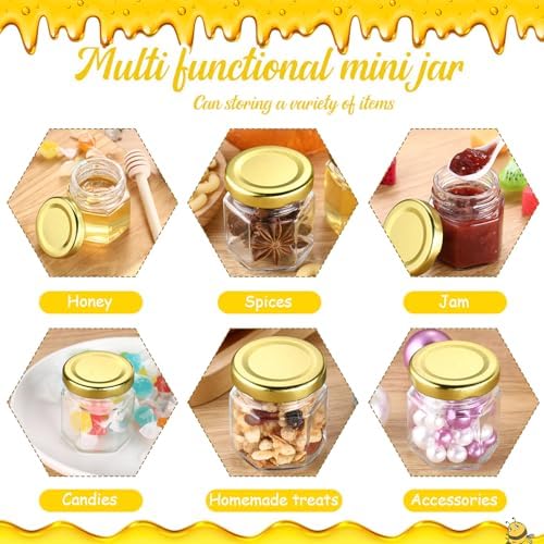 Funnymoom 30 Set Mini Honey Jars Party Favors in Bulk 1.5 oz Hexagon Glass Honey Jar with Dipper Bee Charms Thank You Cards Burlap Jute for Baby Shower Wedding Birthday Gift (Brown,Rustic) - Image 6