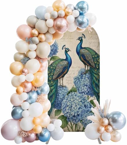 Retro Peacock Arch Backdrop Cover 6.6 FT, Blue Hydrangea Watercolor Vintage Wedding Arch Cover Stretchy Backdrop Stands Covers for Birthday Party Ceremony Banquet Decor - Image 2